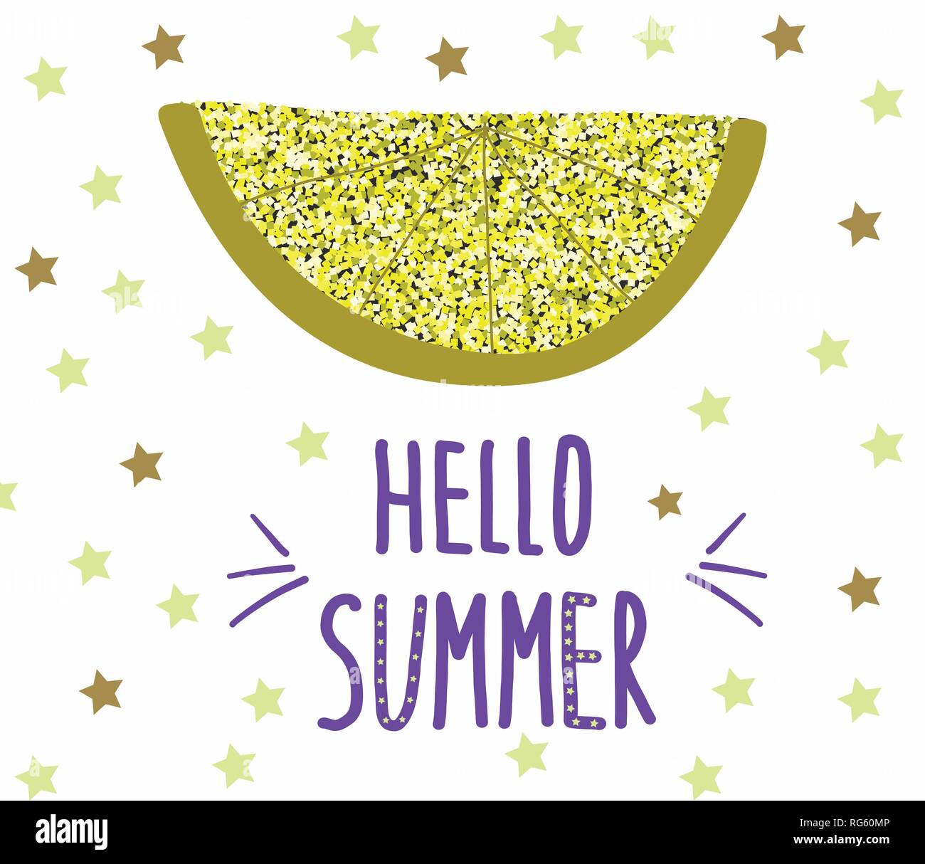 Vector summer background with hand drawn glitter slice of Lemon and ...