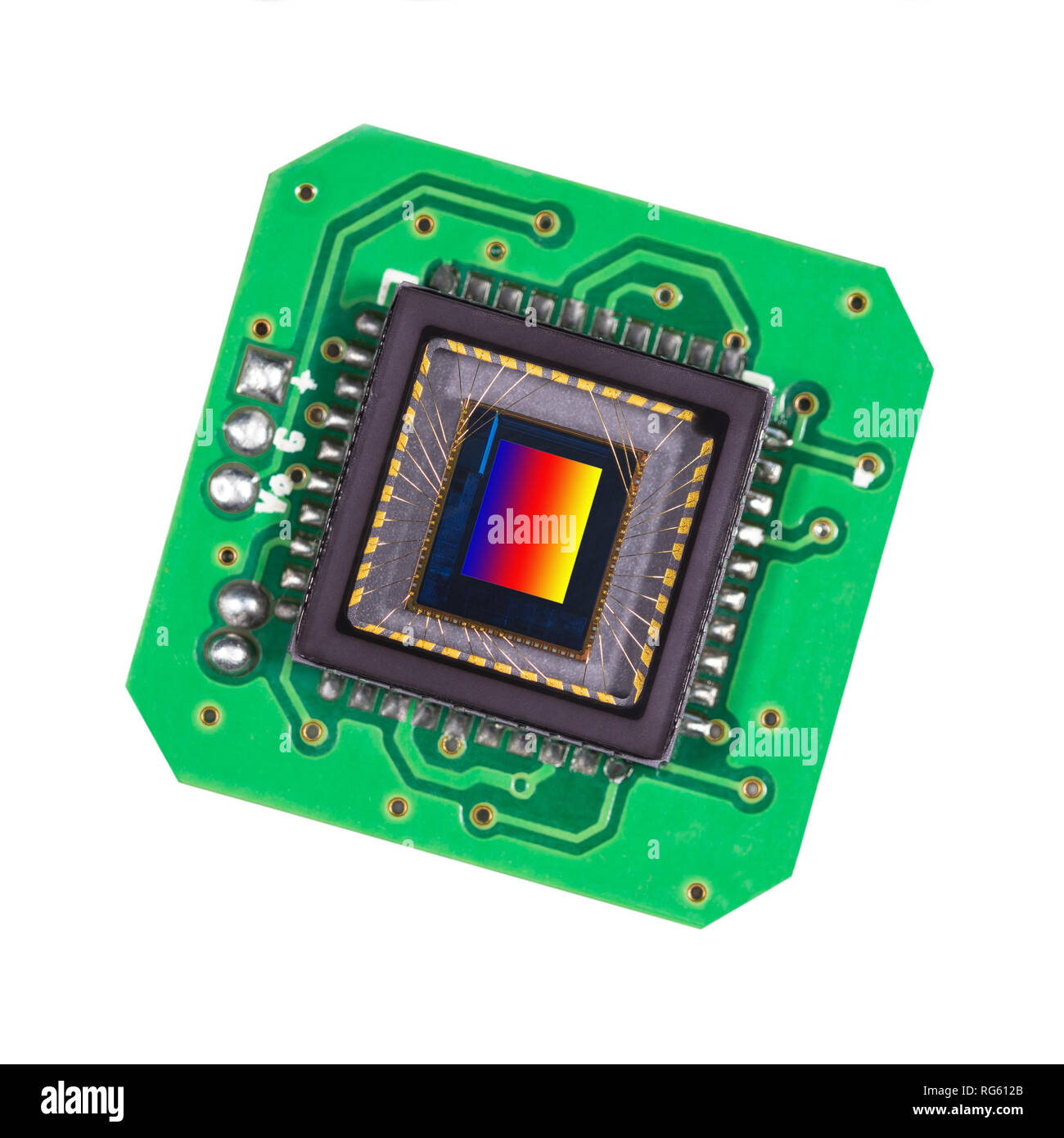 Photosensitive sensor on a printed circuit board closeup. Modern technology, video, photography. Stock Photo