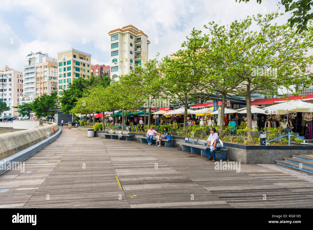 The waterfront market and cafe lined promenade of Stanley, Hong Kong Stock Photo