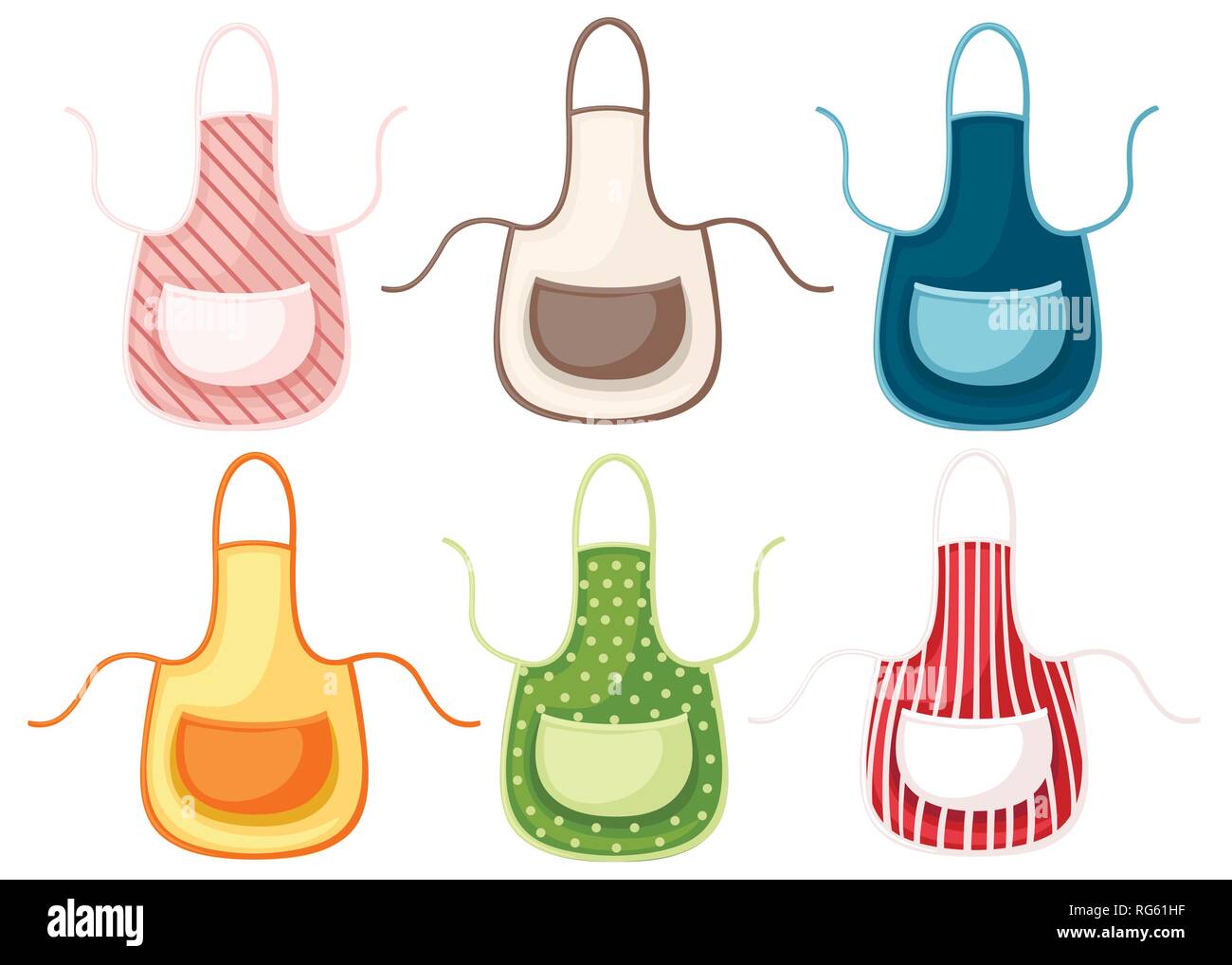 Set of colored kitchen apron. Cartoon flat style illustration isolated on white background. Stock Vector