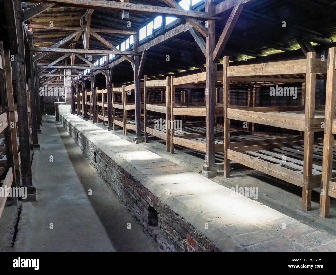 Auschwitz-Birkenau, Poland - July 31, 2017: Interior of the barracks for the prisoners Stock Photo