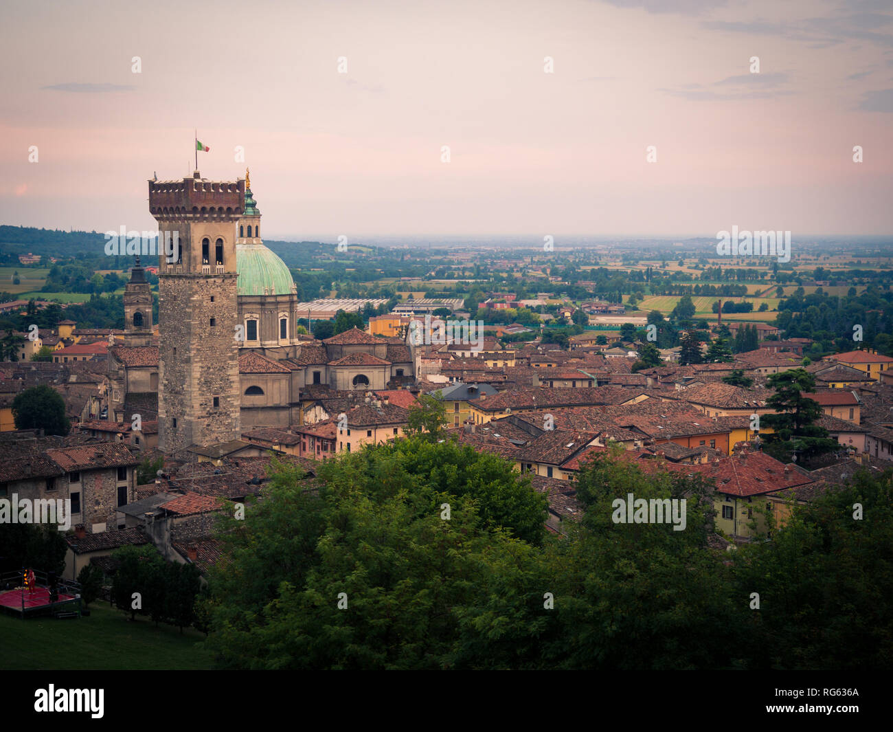 View of the medieval tower and the dome of the Cathedral in Lonato, Italy. Stock Photo