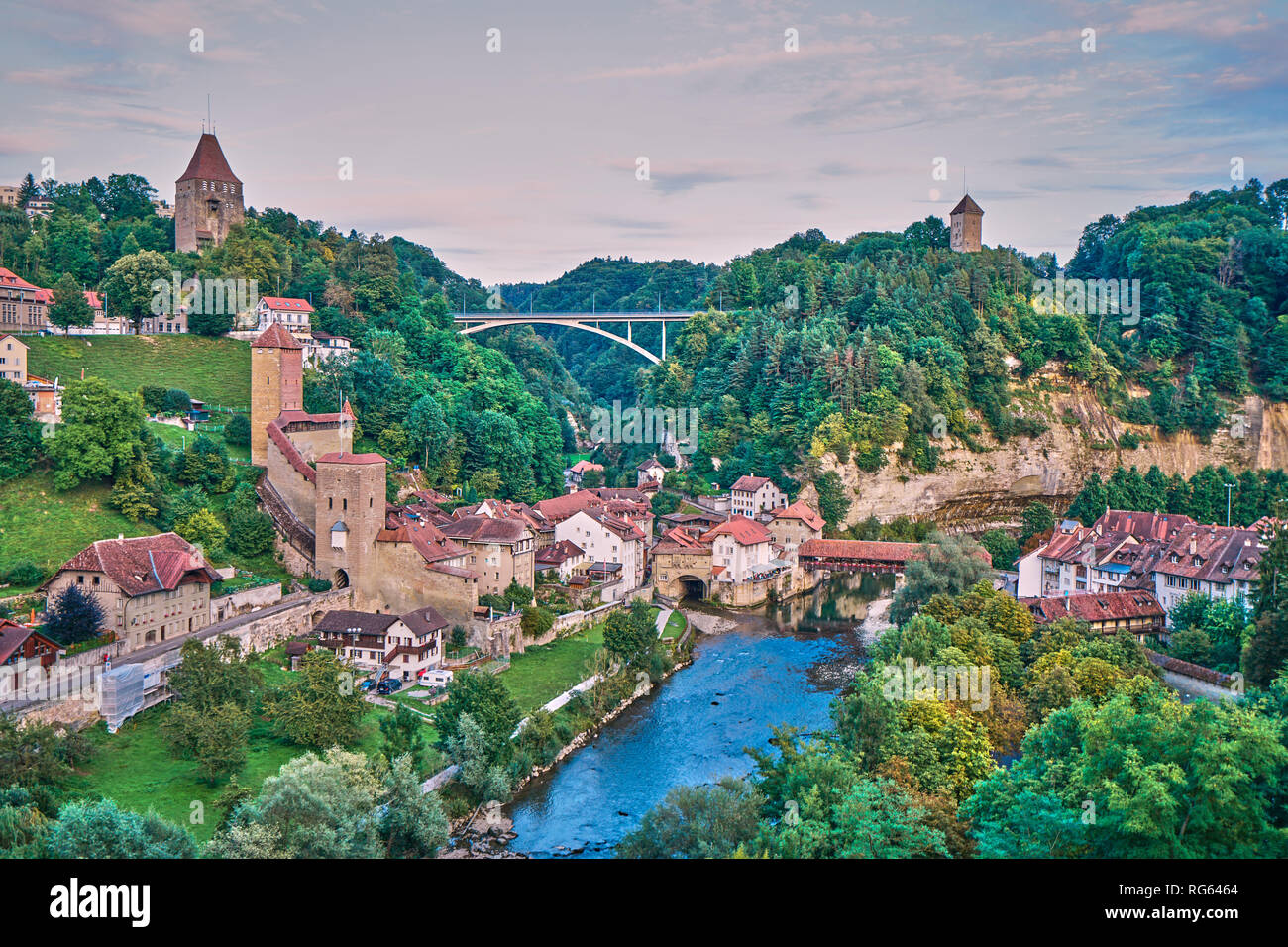 Aerial panorama of old town of Swiss medieval Fribourg city
