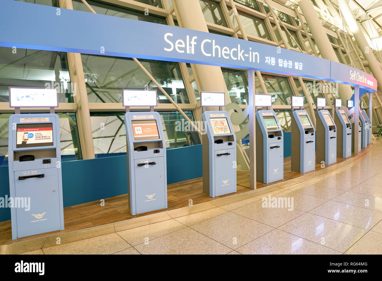 INCHEON, SOUTH KOREA - CIRCA JUNE, 2017: self check-in kiosks at inside ...