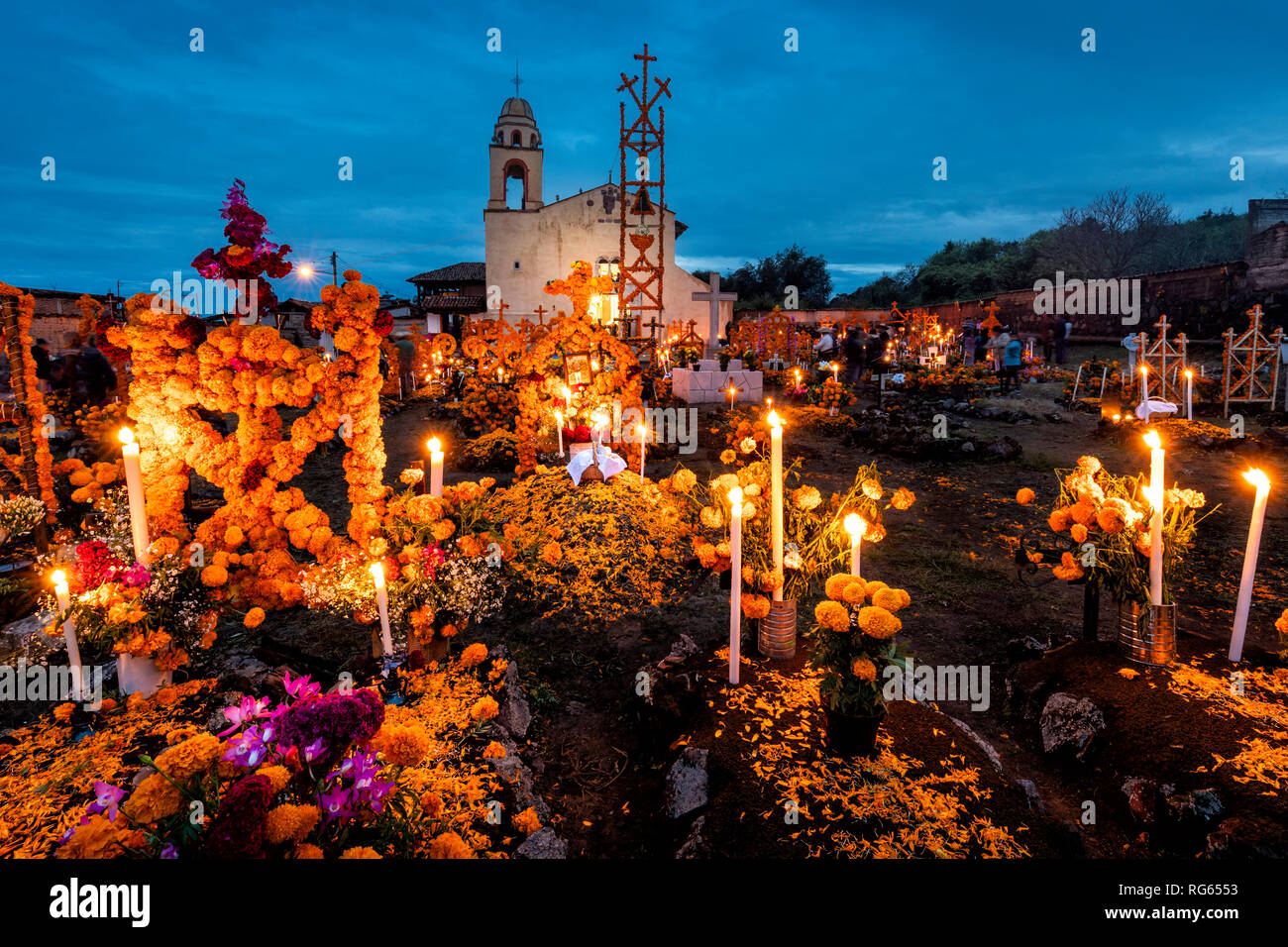 Cemetery and church on Day of the Dead in Arocutin, Michoacan, Mexico. Stock Photo