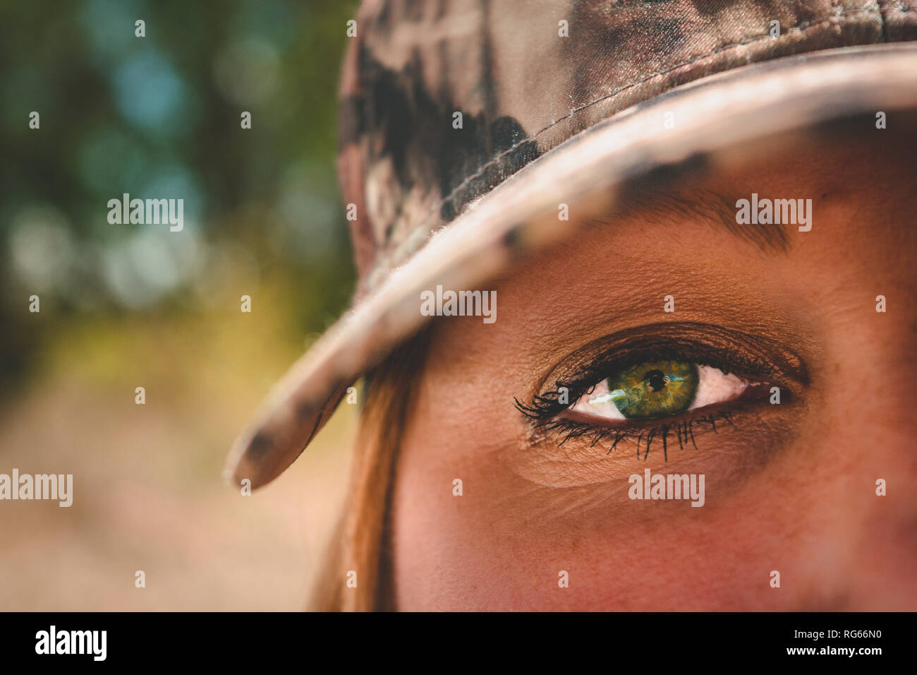 closeup of female hunters eye Stock Photo