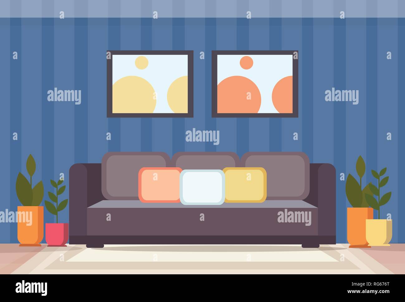 modern home living room interior design empty no people apartment with couch home plants decoration flat horizontal Stock Vector