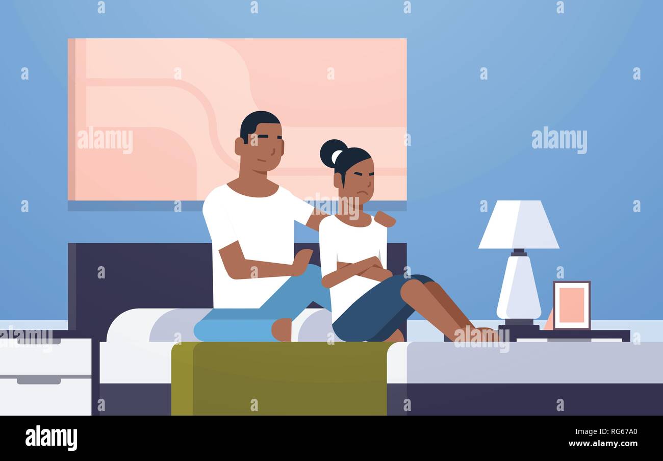 upset disappointed girlfriend feels offended african american couple sitting in bed worried bad relationship problem concept modern bedroom interior Stock Vector