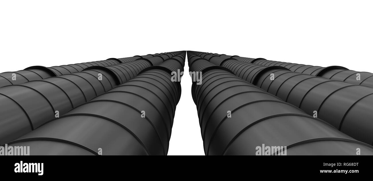 Row of black industrial pipelines isolated on white background Stock
