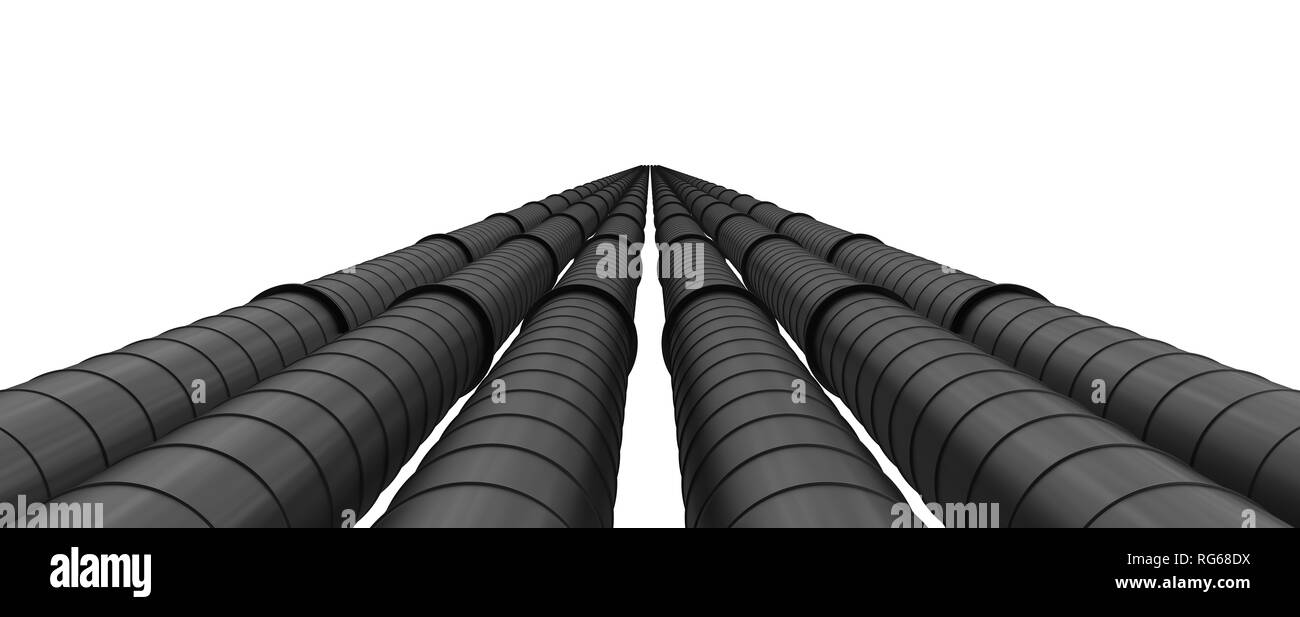 Row of black industrial pipelines isolated on white background Stock
