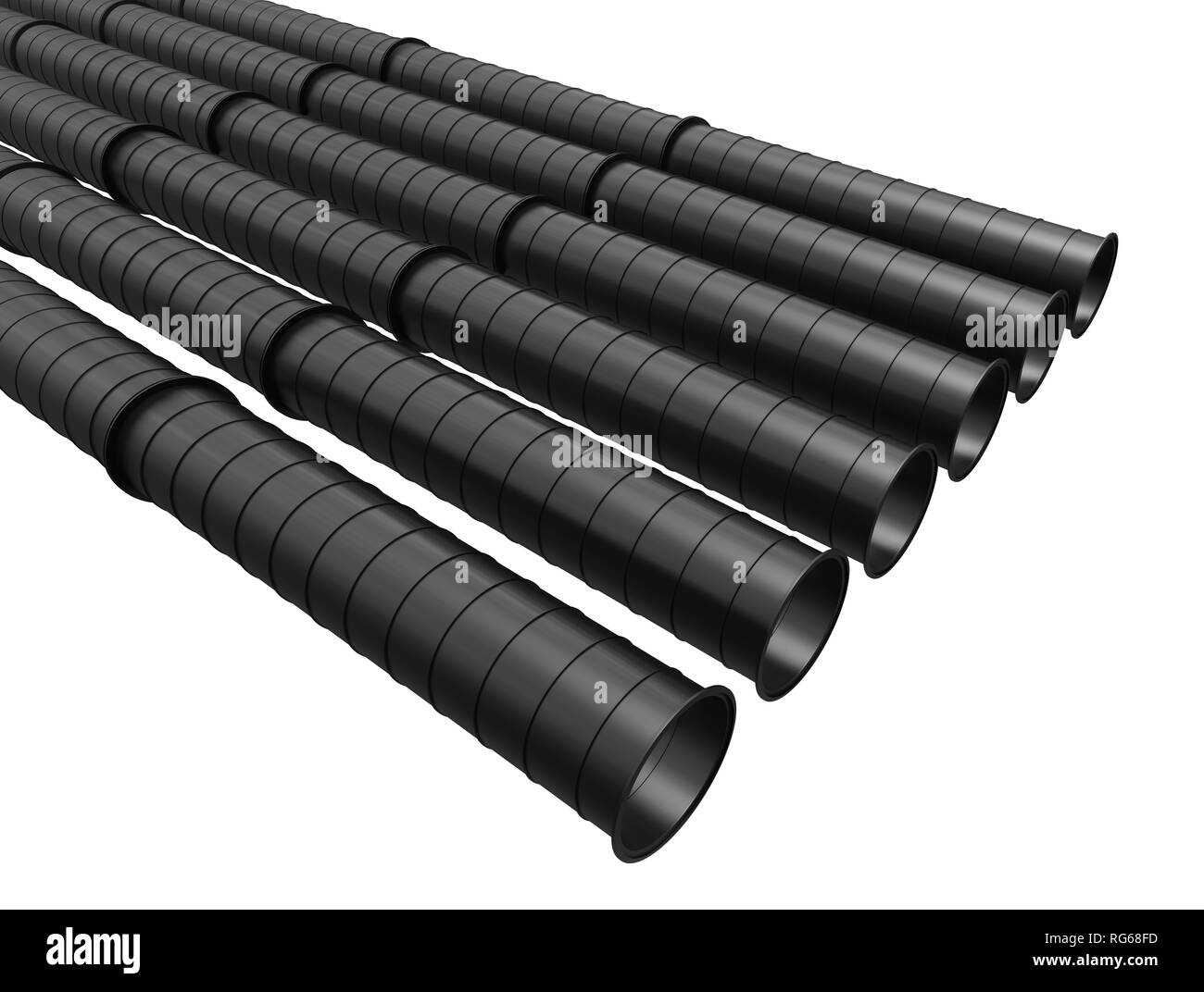 Row of black industrial pipelines isolated on white background Stock