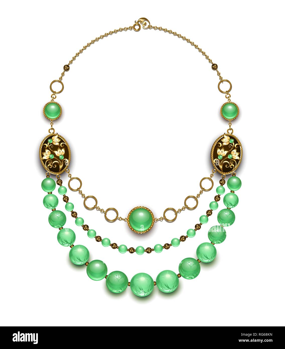 Necklace of round chrysoprase, brass beads and chains on white background. Stock Vector