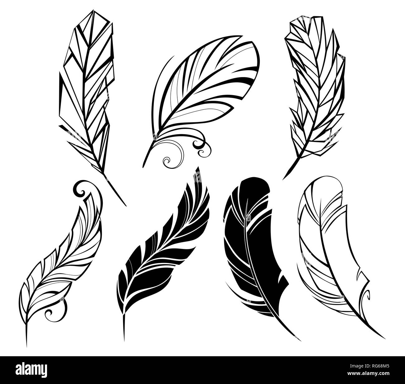 Set of monochrome, small feathers, painted in minimalist style on white background. Tattoo style. Stock Vector