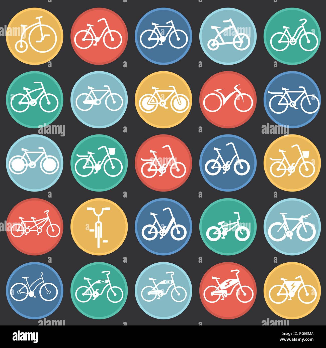 Bicycle icons set on color circles black background for graphic and web ...