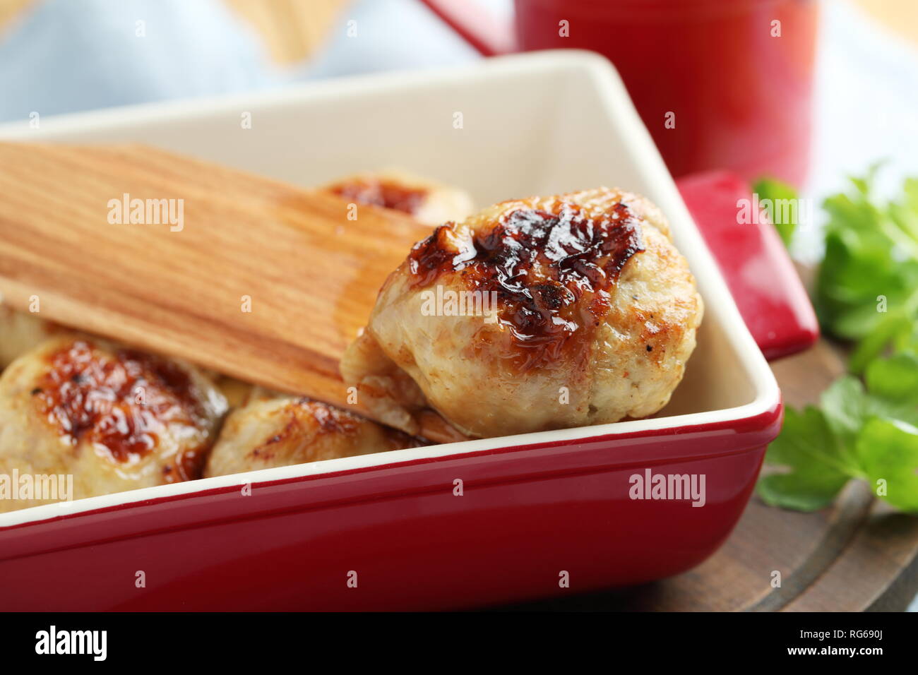 Closeup view of chicken galantines in a pot Stock Photo