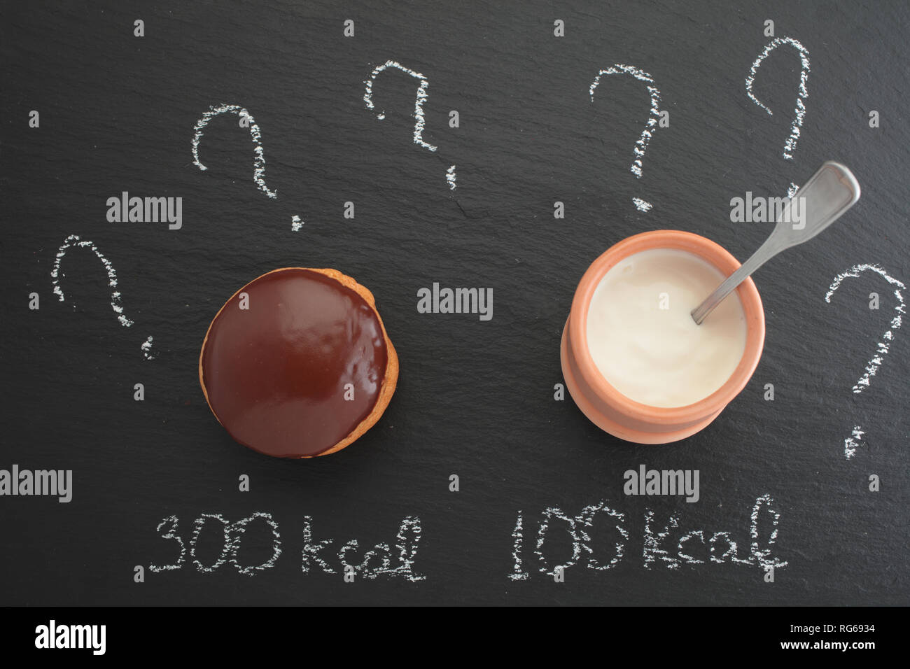 Calories counting concept, the chocolate cake and the jar of yogurt