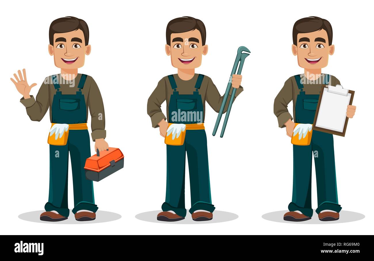 Professional plumber in uniform, set of three poses. Handsome cartoon character holds toolbox, holds nippers and holds clipboard. Vector illustration Stock Vector Image & Art - Alamy Professional plumber in uniform, set of three poses. Handsome cartoon character holds toolbox, holds nippers and holds clipboard. Vector illustration Stock Vector Image & Art - Alamy