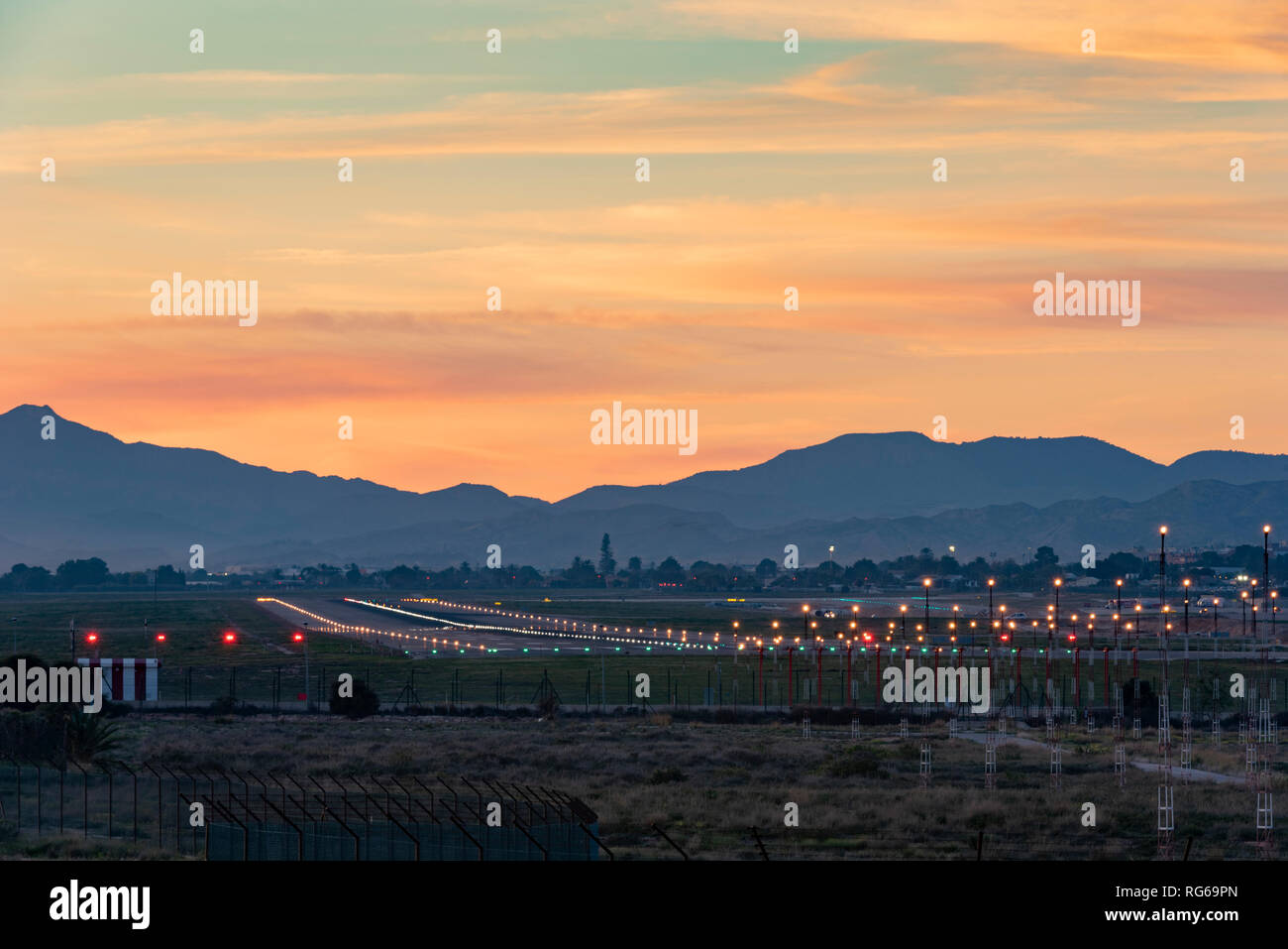 Airplane runway at sunset, Alicante/Elche, Costa Blanca, Spain, Spain, Europe Stock Photo