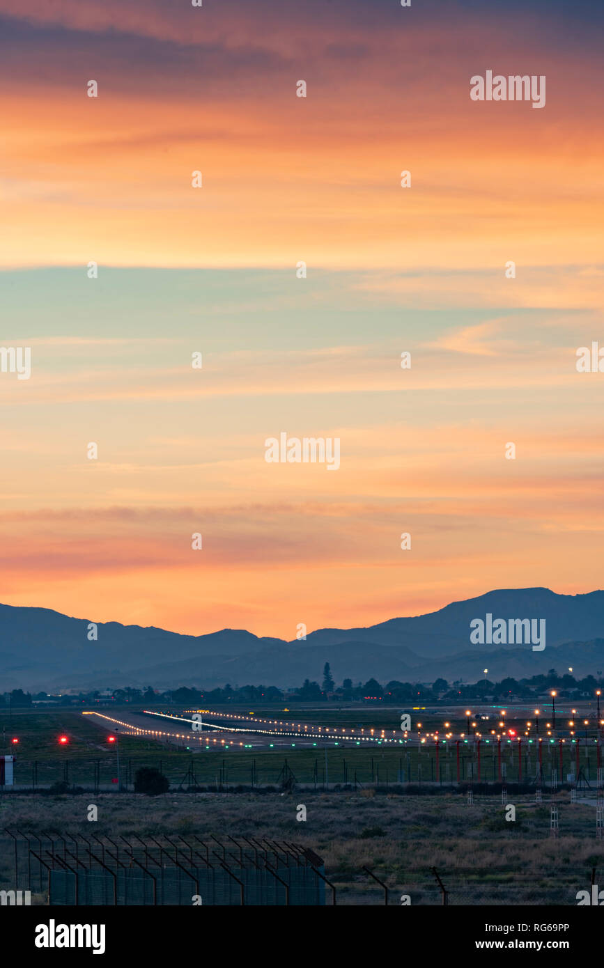 Airplane runway at sunset, Alicante/Elche, Costa Blanca, Spain, Spain, Europe Stock Photo