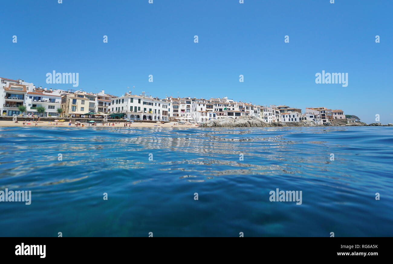 Spain Calella de Palafrugell typical Mediterranean village, Catalonia, Costa Brava, seen from sea surface Stock Photo