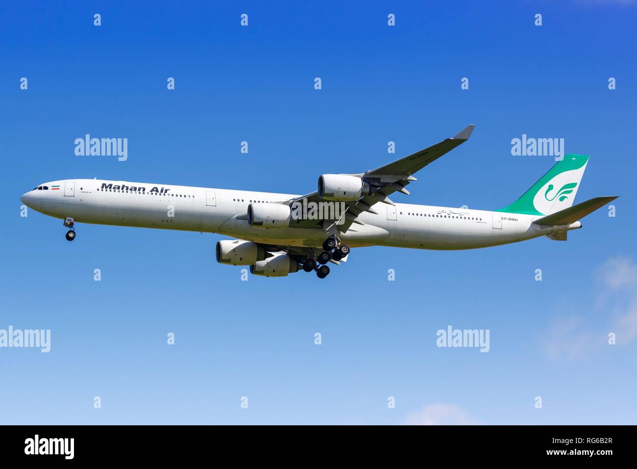 Paris, France - August 17, 2018: Mahan Air Airbus A340 airplane at Paris Charles de Gaulles airport (CDG) in France. | usage worldwide Stock Photo