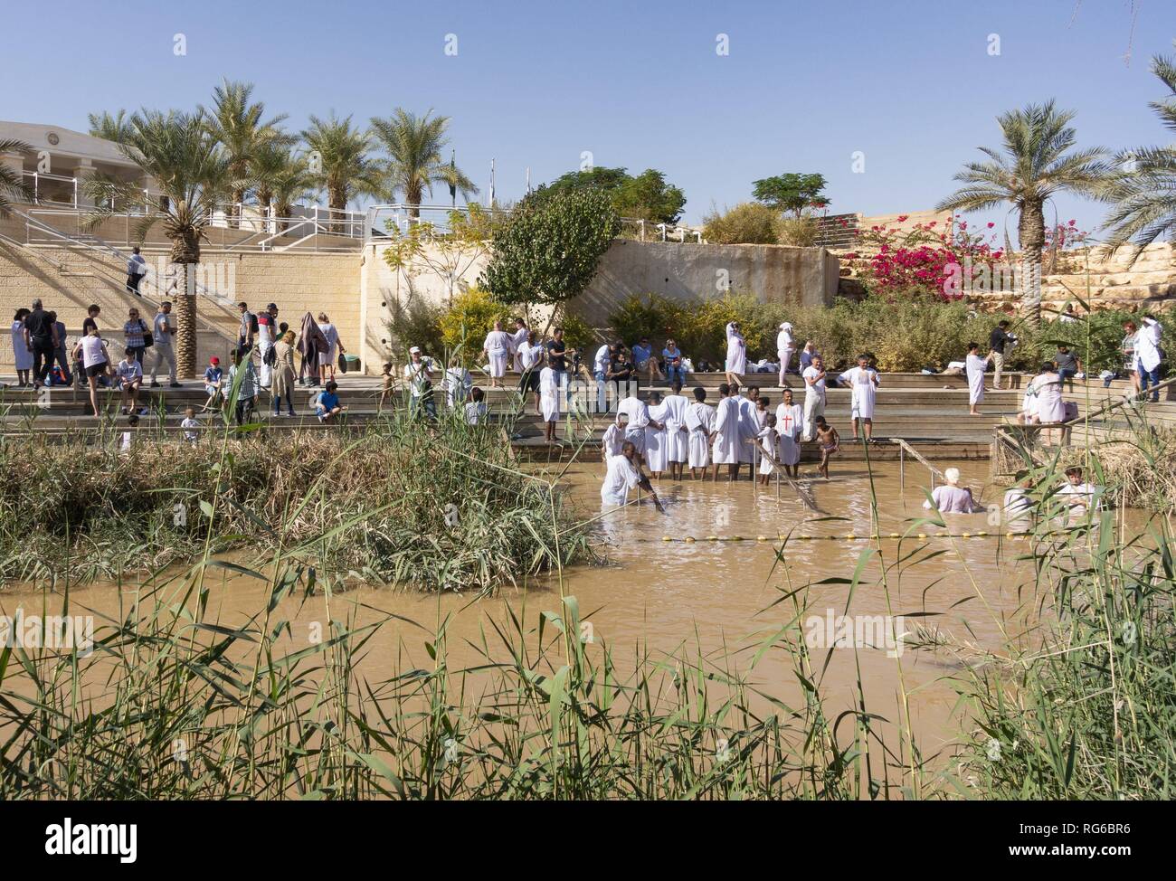 View from Bethany (Jordan) to believers during the baptism in the Jordan  near Qasr al-Jahud (West Bank). According to Christian tradition, Jesus was  supposedly baptized by John the Baptist at this point