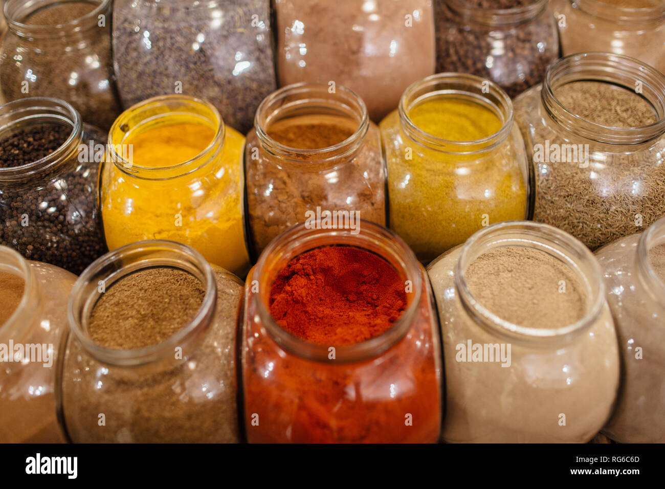 Zero waste shopping spices in jars. Composition of colorful assorted