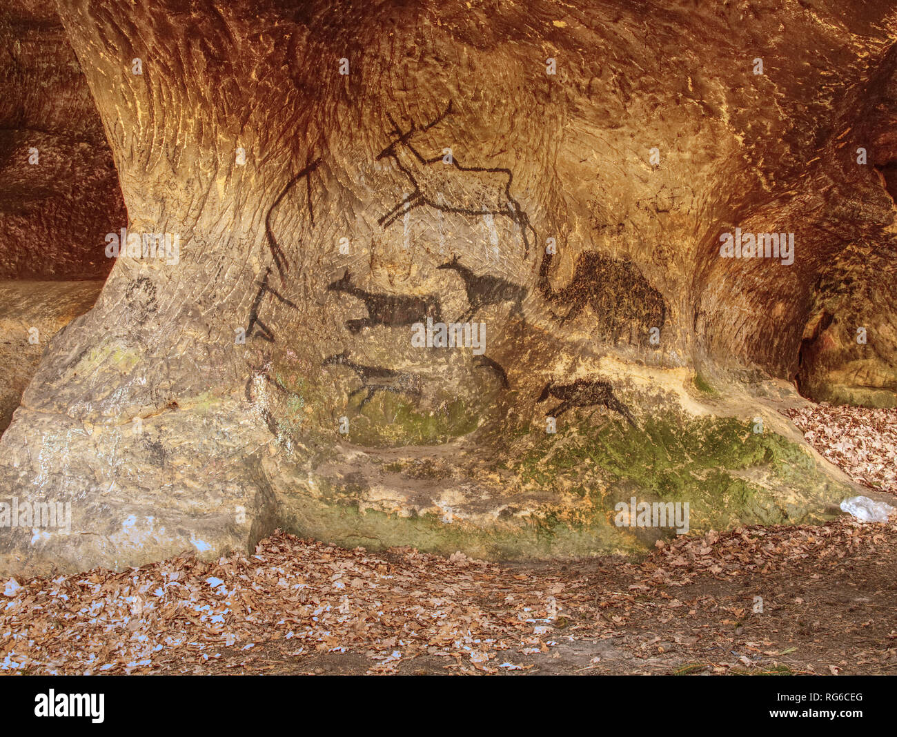 Primitive art painted on rock in sandstone cave. Picture of deer and ...