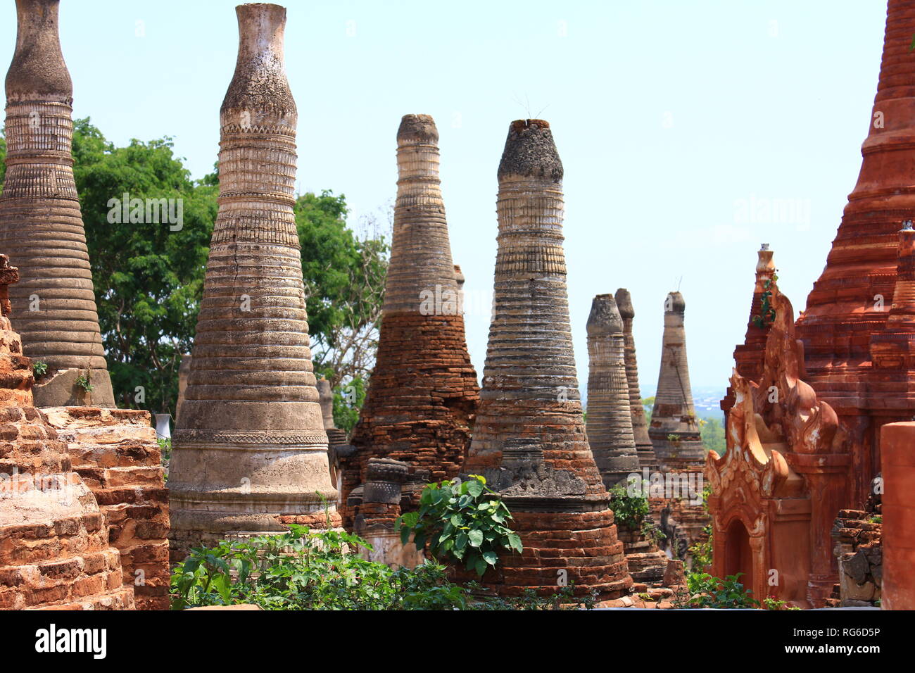 Numerous stupas in Indein also called jungle stupas at Inle Lake in Myanmar Stock Photo