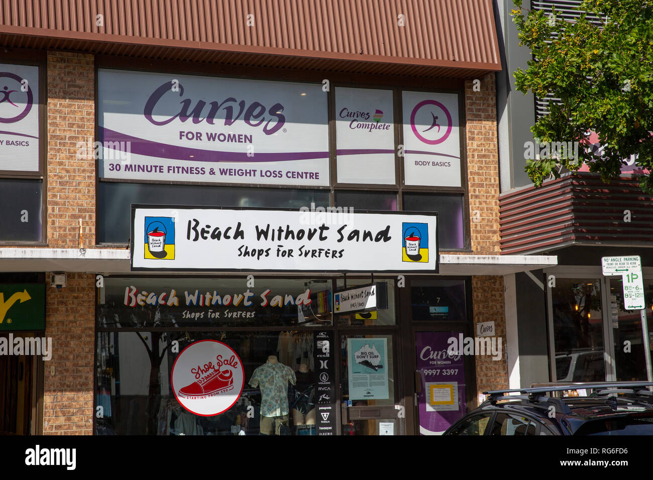 Surfing shop store and womens fitness and weight loss centre in Mona Vale, suburb of Sydney,Australia Stock Photo