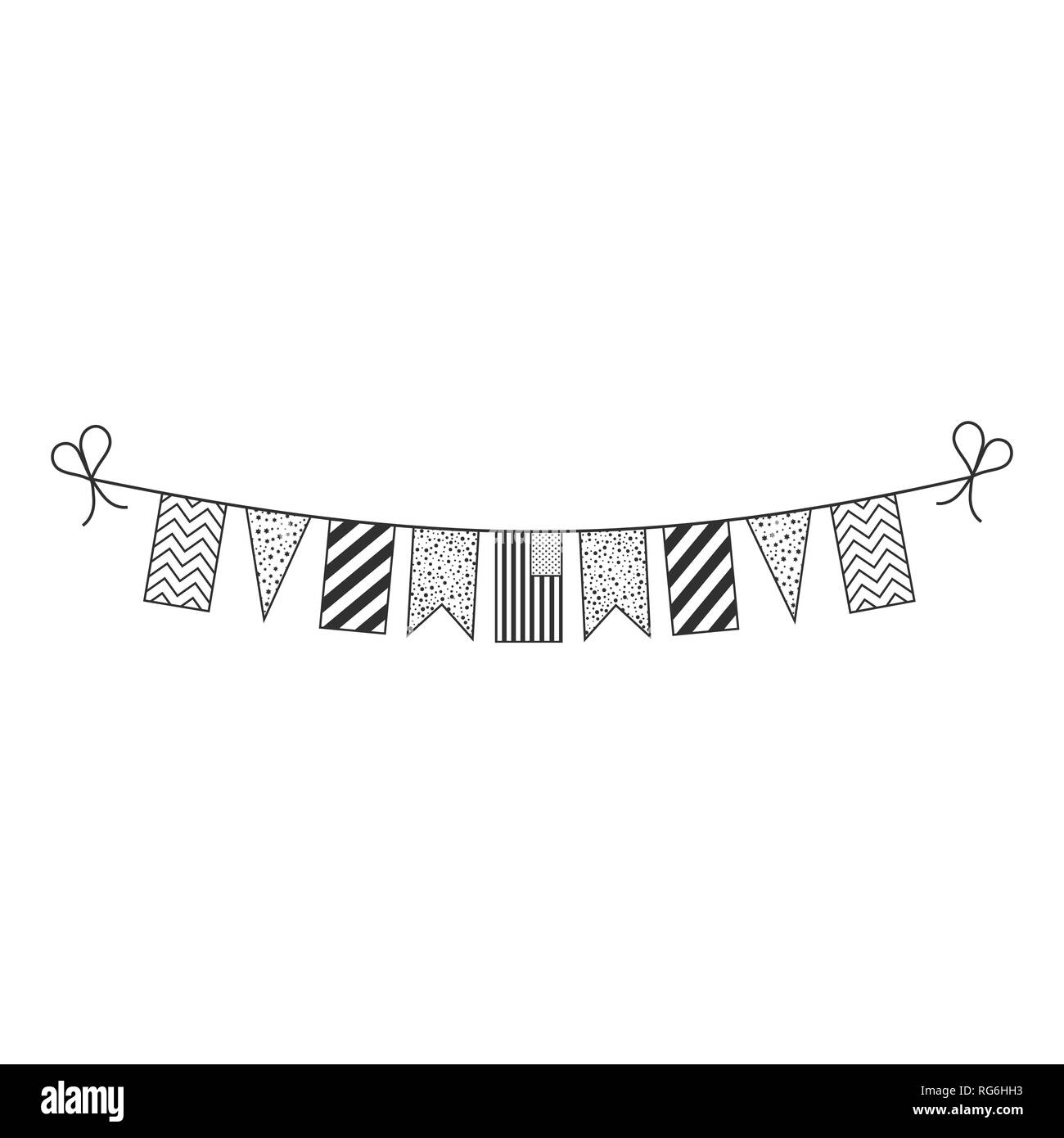 Decorations bunting flags for United States national day holiday in black outline flat design. Independence day or National day holiday concept. Stock Vector