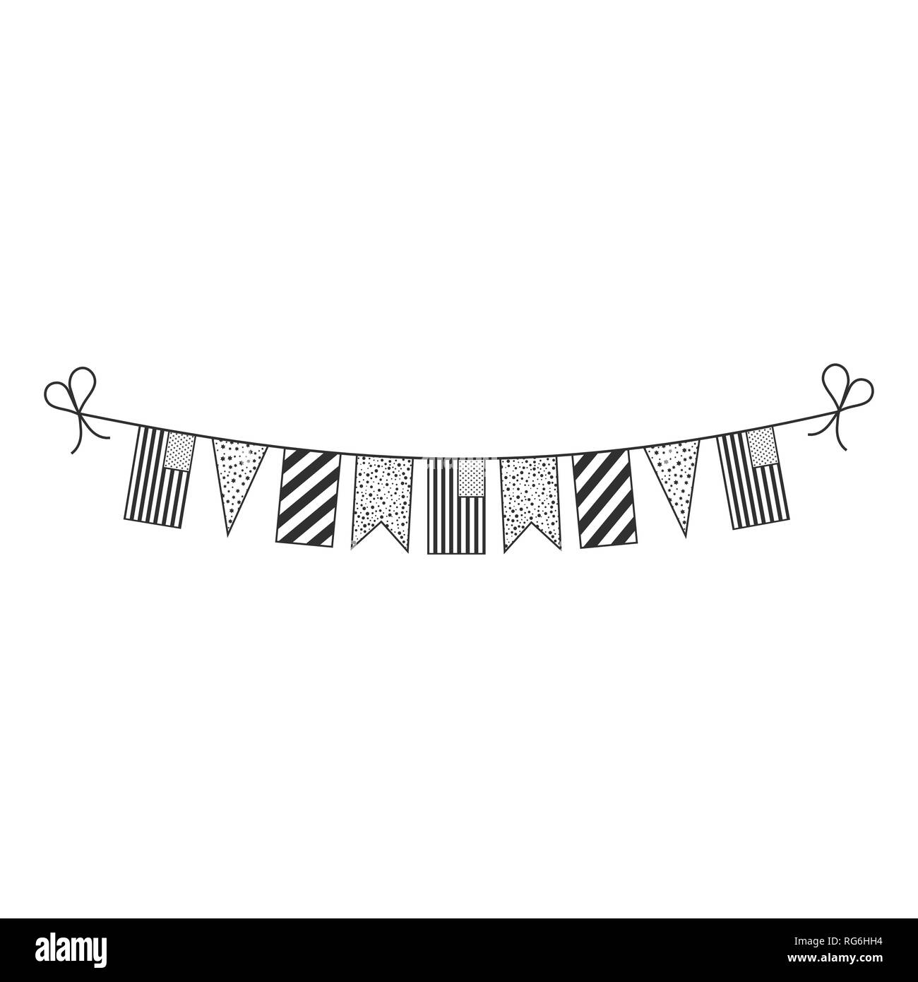 Decorations bunting flags for United States national day holiday in black outline flat design. Independence day or National day holiday concept. Stock Vector