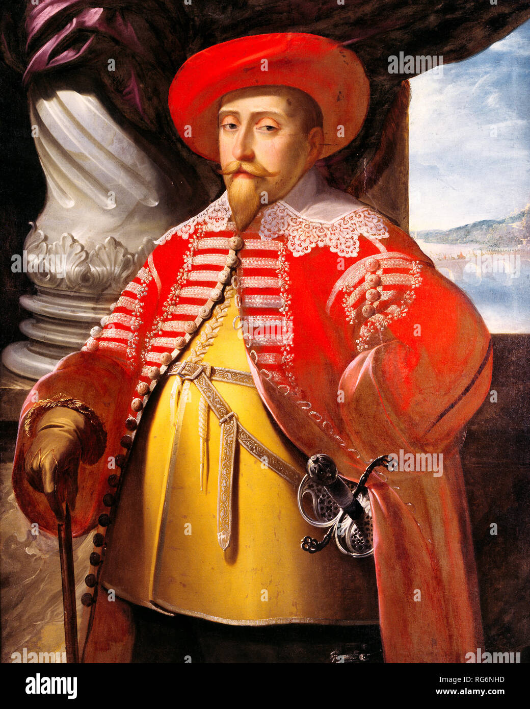 The portrait depicts King Gustavus Adolphus in what traditionally has been described as a Polish costume with a red jacket decorated with braid, velvet cuffs, a lace collar and a red hat, with a view of Frankfurt-am-Main in the background. 1632 Stock Photo