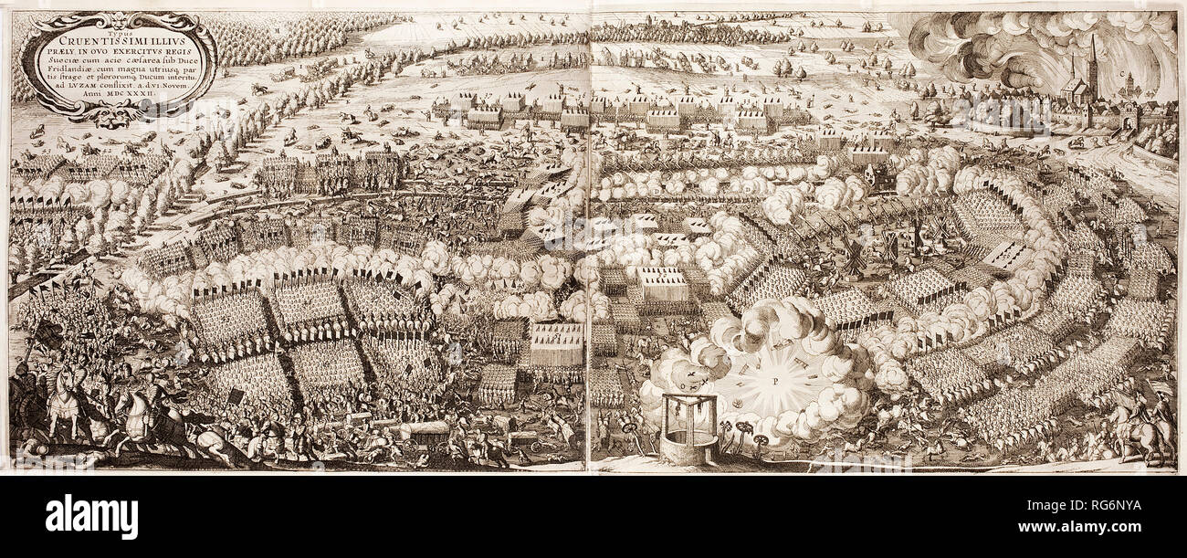 Battle of Lutzen, Germany (6 November 1632), in the Thirty Year's War. Large unfolded engraving. Panorama of the battle showing both armies. Cannonades. Explosion in the foreground. At top right the town of Lutzen Stock Photo