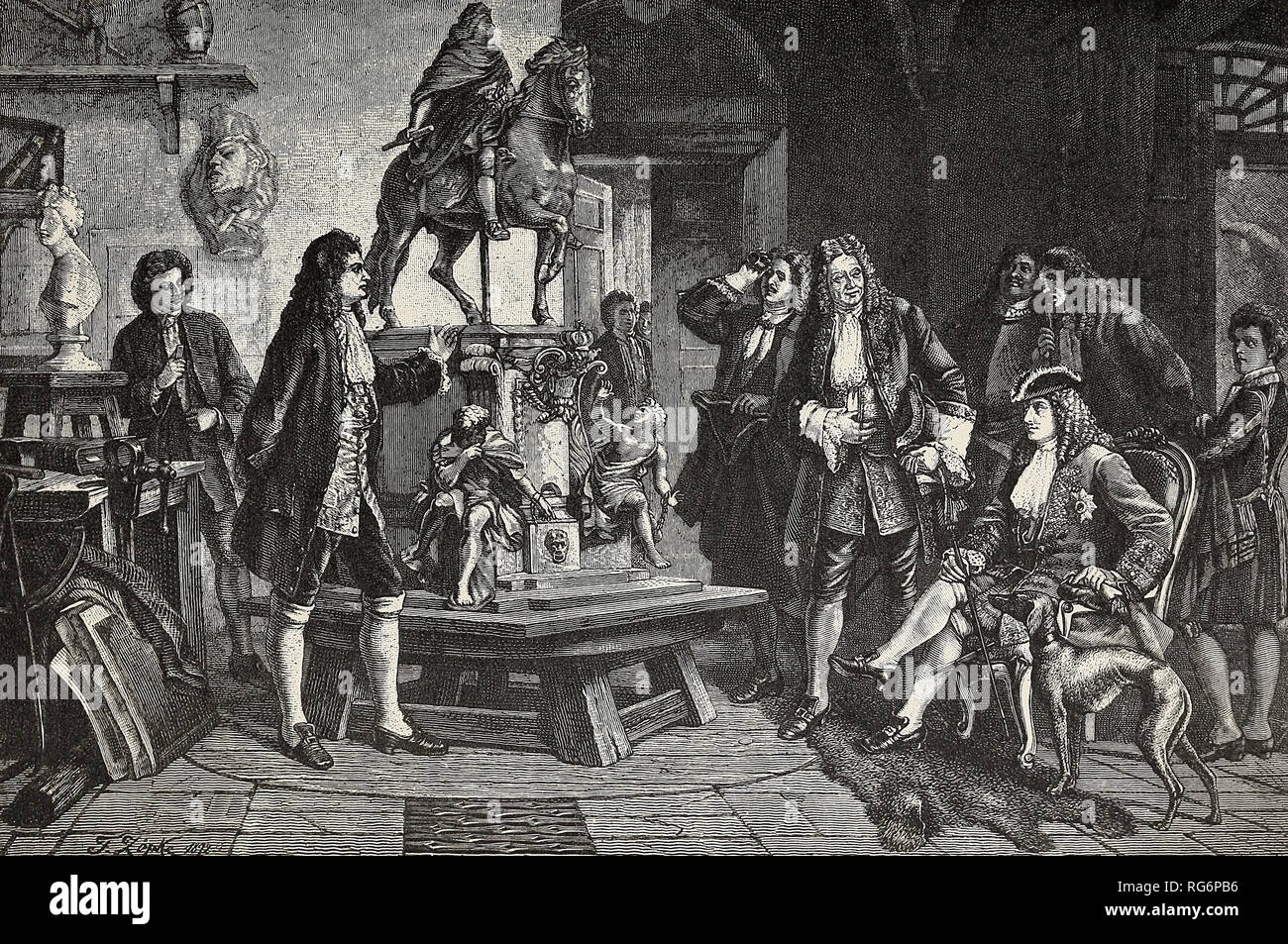 Prussia's First King - Frederick I admiring Schluter's Statue of the Great Elector Stock Photo