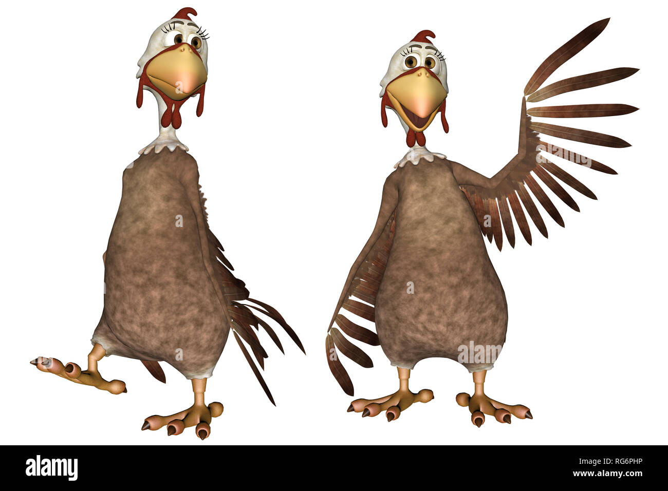Funny cartoon chicken isolated on white, 3d render. Stock Photo