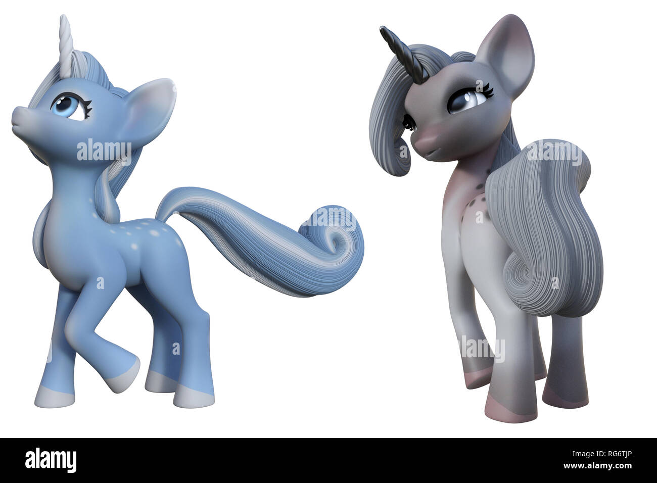 Cute little unicorn ponies isolated on white, 3d render. Stock Photo