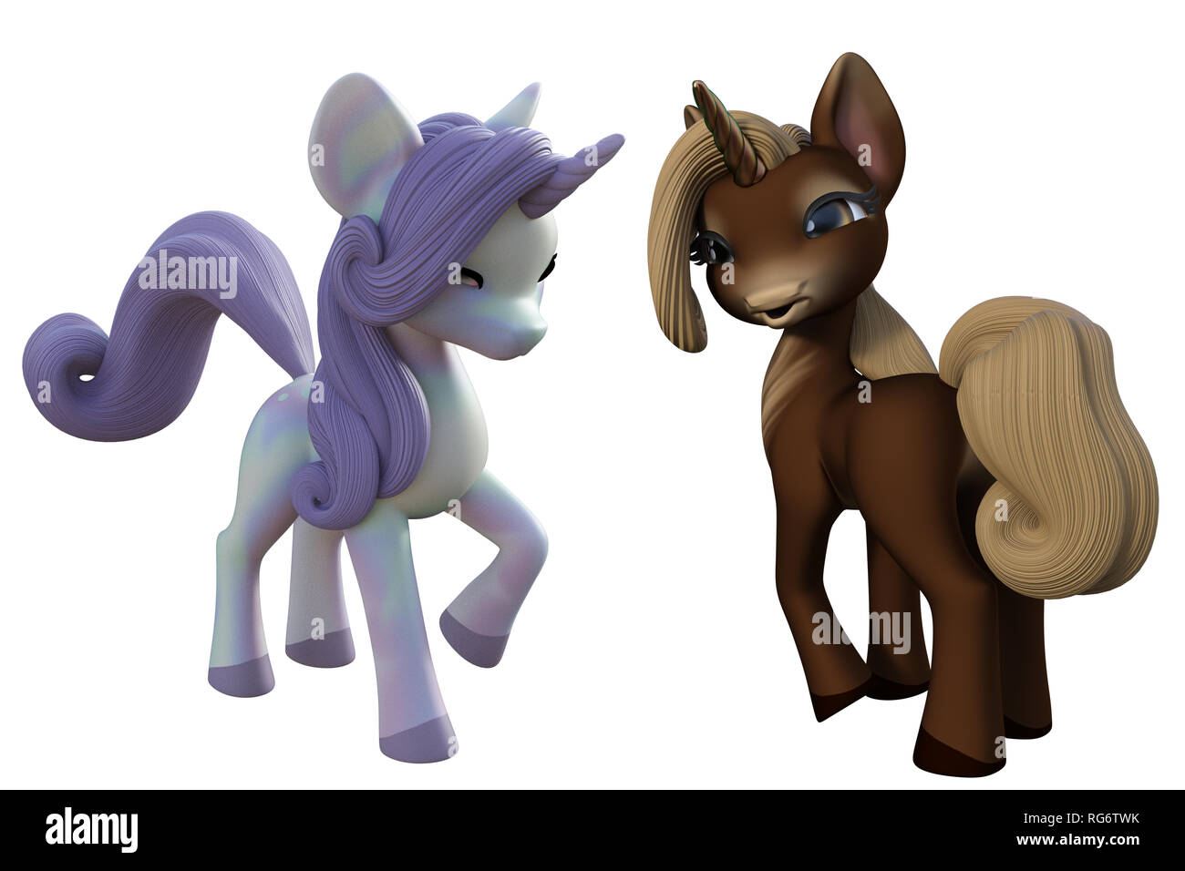 Cute little unicorn ponies isolated on white, 3d render. Stock Photo
