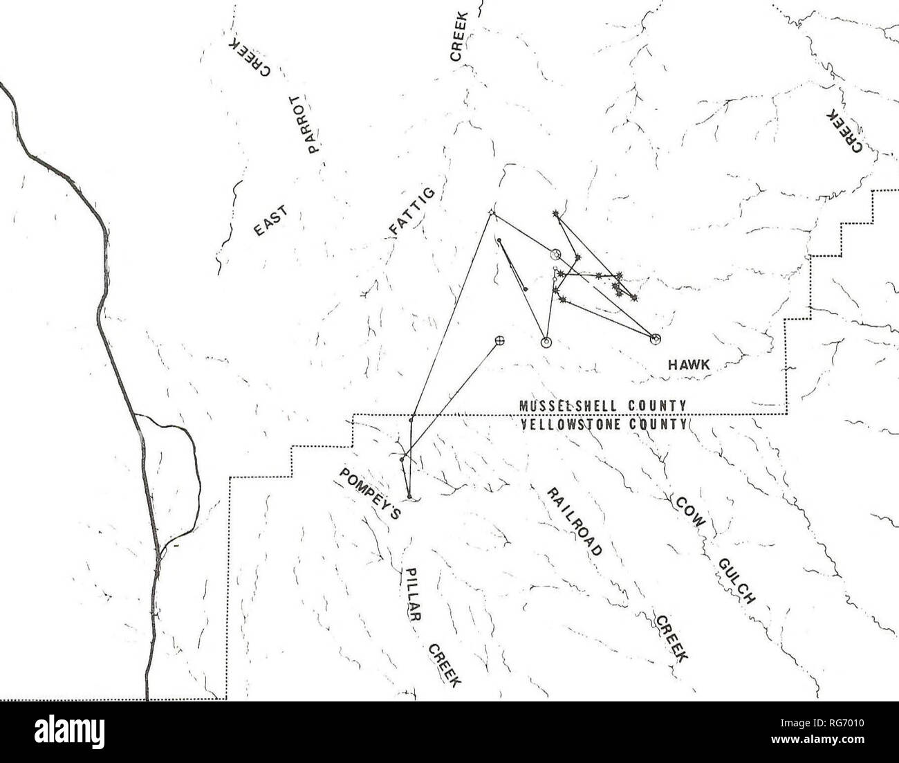 . Bull Mountains coal field study : progress report, 1976 : research conducted by Montana Department of Fish and Game, Environment and Information Division and Consolidation Coal Company. Wildlife management; Animal ecology; Coal mines and mining. c *!s / 1 i /  r  J  &quot;V . -V. ' N ^  N : LEGEND^ PAVED ROAD INTERMITTENT STREAM OBSERVATIONS OF COW ELK #4: SPRING MAY SUMMER FALL NOVEMBER WINTER r., r Scale 0 12 3 Miles CAPTURE SITE Figure 7. Seasonal distribution and movements of cow elk No, 4 during the period of January 8, 1975 through February 29, 1976,. Please note that these imag Stock Photo