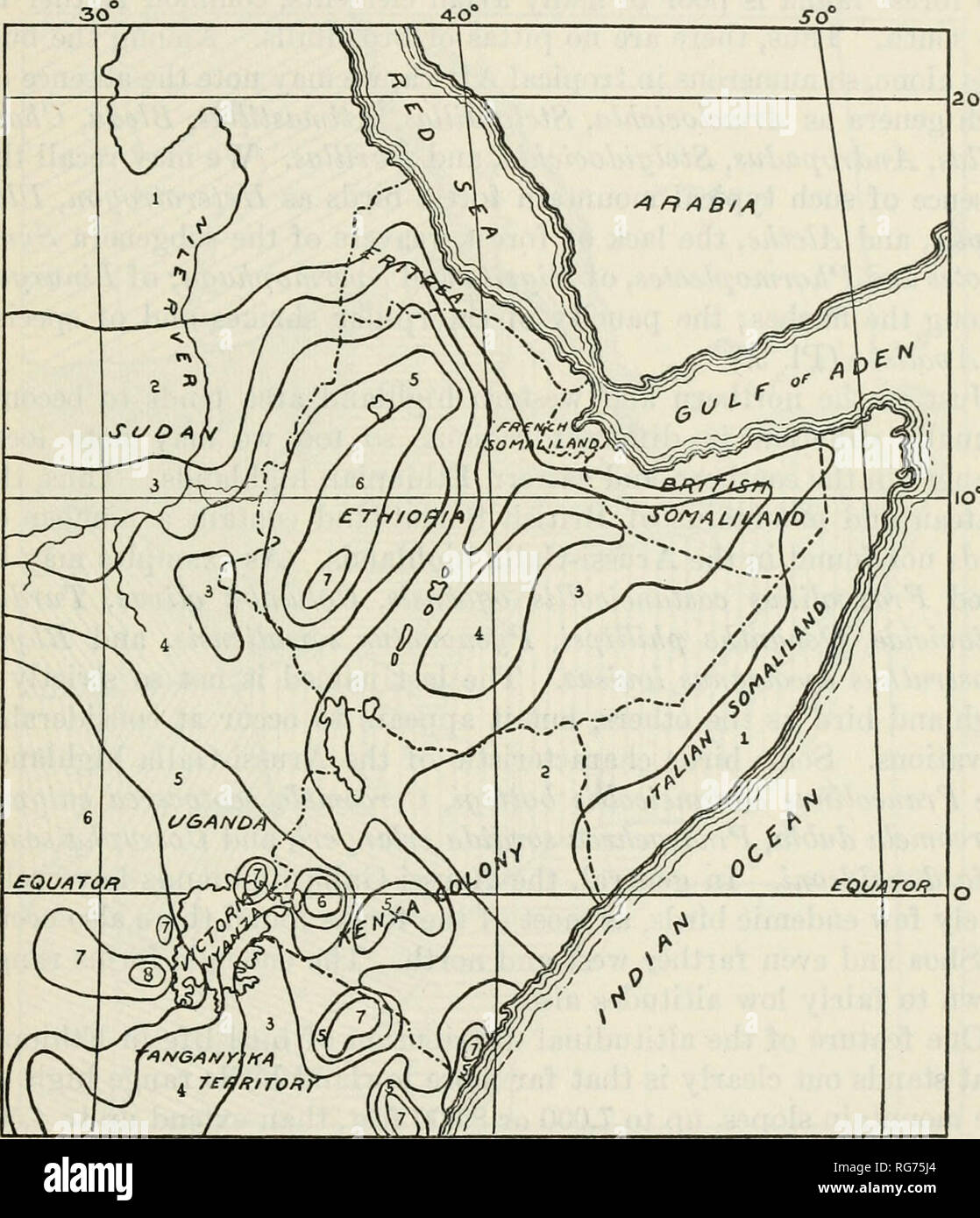 . Bulletin - United States National Museum. Science. BIRDS OF ETHIOPIA AND KENYA COLONY 11 north to Bogosland and west to the Blue Nile, and south to the west of the Eift Valley to soutliern Shoa (pi.5) and the Omo basin; and that to the south of the Hawash and to the east of the Rift Valley extend- ing southeastward to the highlands of Arussi-Gallaland. The two re-. too ieo 300 4-00 J'OO f^lLCS • SCALE • Figure 2.—Annual rainfall map of northeastern Africa. 1. 0-10 inches. 5. 40-50 inches. 2. 10-20 inches. 6. 50-60 inches. •«. 20-30 inches. 7. 60-70 inches. k. 30-40 inches. 8. 70-80 inches. g Stock Photo