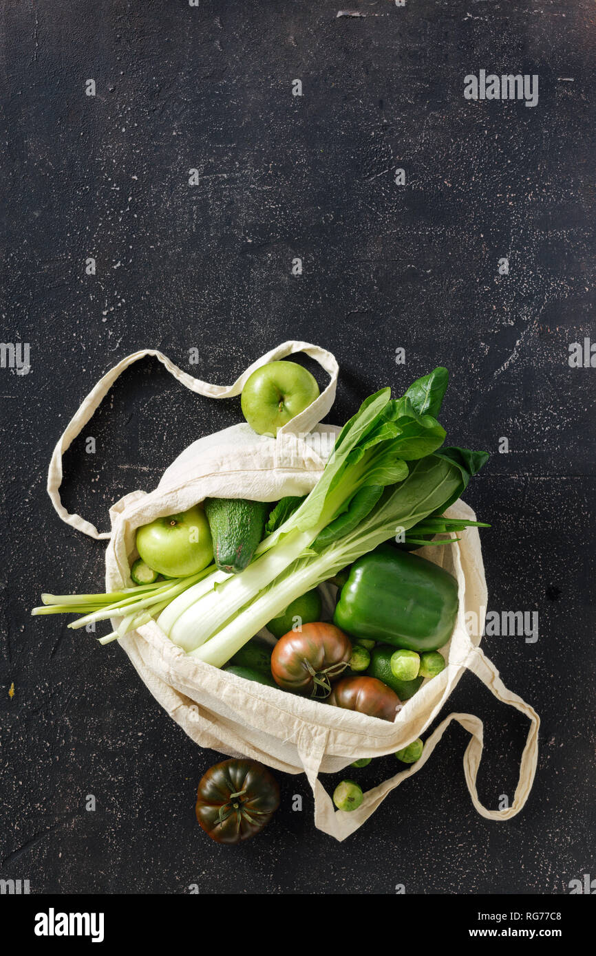 Green Food Assortment With Fabric Eco Bag On Dark Background Copy Space ...
