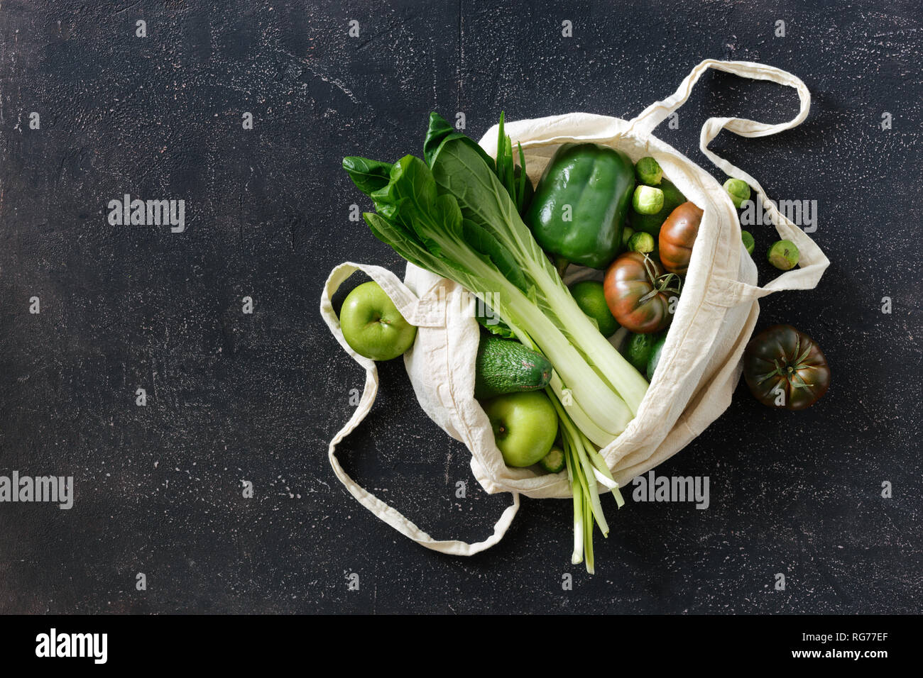Green Food Assortment With Fabric Eco Bag On Dark Background Copy Space ...
