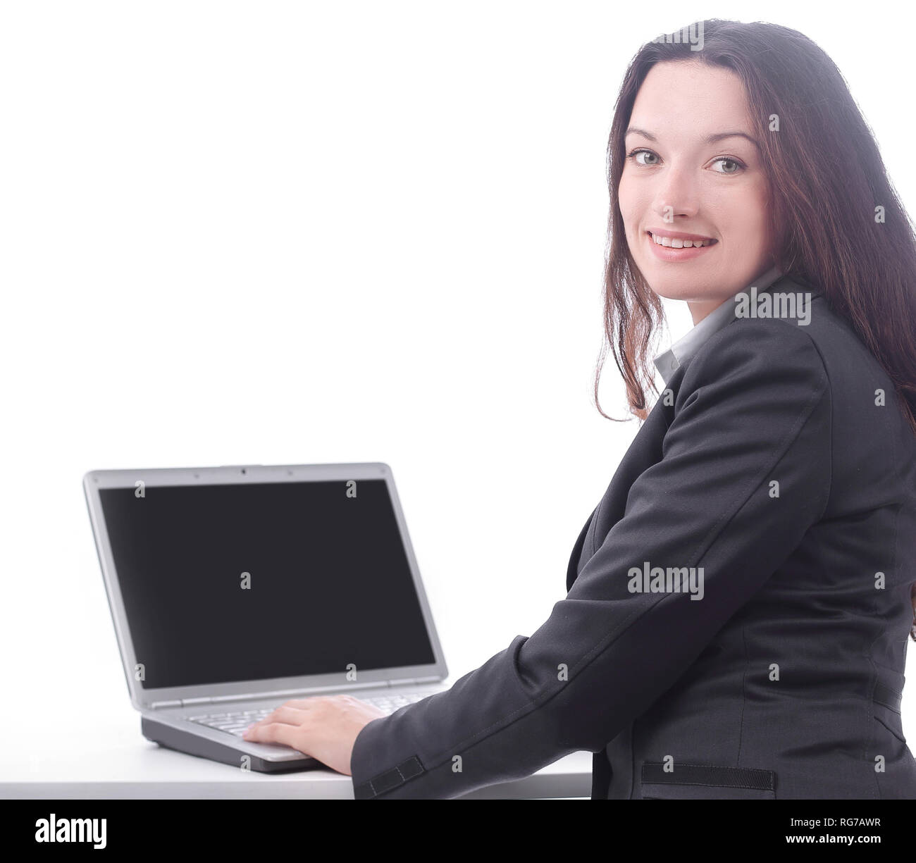 successful business woman sitting at a Desk Stock Photo - Alamy