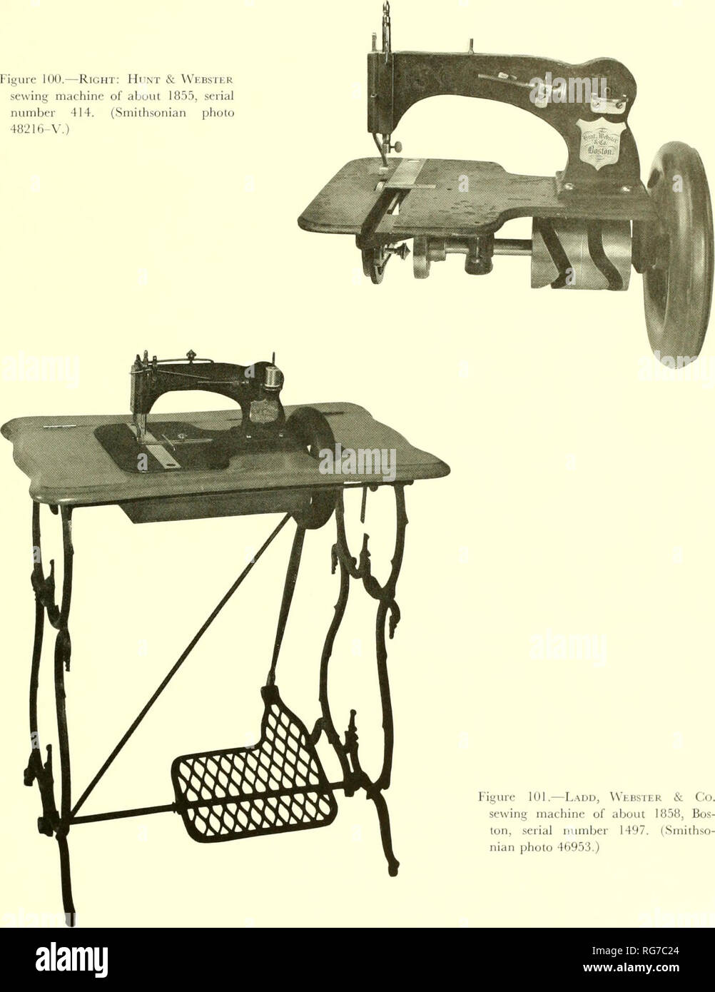 Bulletin - United States National Museum. Science. Figure 100.—Right: Hint  &amp; Webster sewing machine of about 1855, serial number 414. (Smithsonian  photo 48216-V.). Figure 101.—Ladd, Webster &amp; Co. sewing machine of