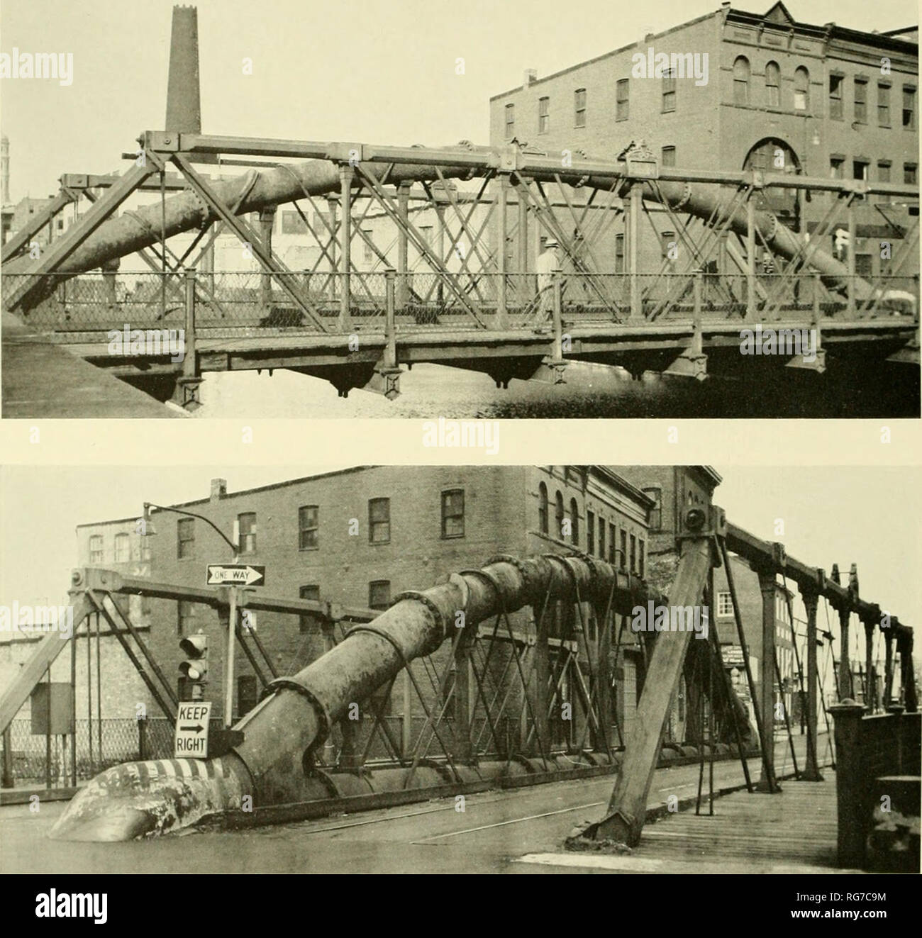 . Bulletin - United States National Museum. Science. Figure an.—Two views of Bollman-built &quot;water-pipe truss&quot; that carrie Lombard Street over Jones Falls in Baltimore. Built in 1877. in complex fabrications. The normal practice at the time was to use cast compression members in iron bridges and structures, with their sectional area 50 proportioned to the length that a state of tension could not exist. In the case of lonn members, this naturally meant that an excessive amount of material was used. Bollman was conscious of the problem from his experience with the stretchers and stint-, Stock Photo