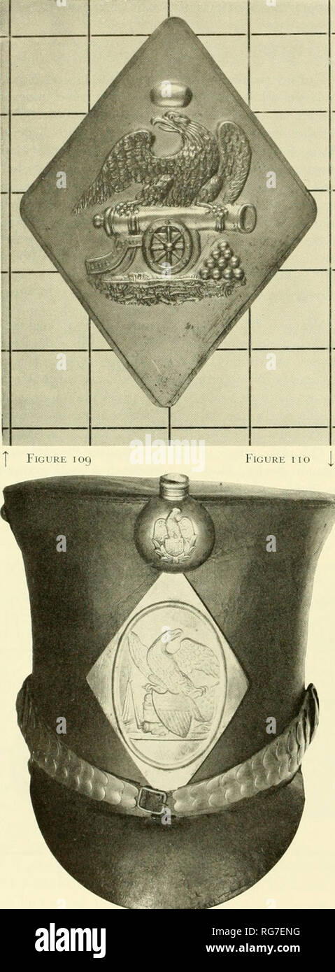 . Bulletin - United States National Museum. Science. CAP PLATE AND PLUME HOLDER, C. 1825 USNM 604748 (J-K 893'). Figure 110. This brass plate is similar in many respects to the regular infantry cap plate, type I, 1814-1821. It is attached to a bell-crowned shako of distinctly Militia origin and is cut in the diamond shape popular with the Militia in the 1820's and 1830's. The design lies within a raised oval dominated by an eagle similar to ones used on War of 1812 insignia. Below the eagle is a Federal shield and a trophy of stacked muskets, a drum surmounted by a dragoon helmet, a gun on a t Stock Photo