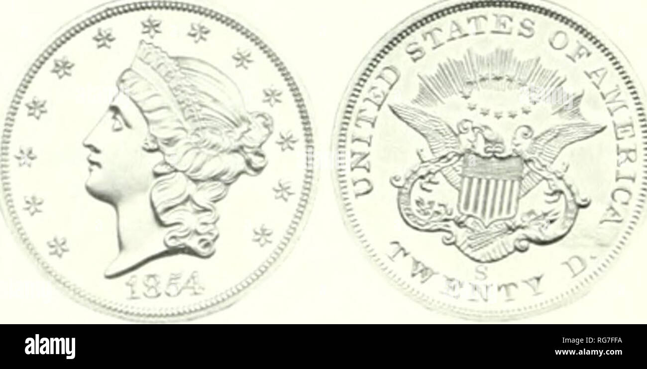 . Bulletin - United States National Museum. Science. i-'ig. 33.— The LMqut 1849 Double E.gle, pattern for the 20-dollar gold pieces first minted in 1850.. Fig. 34.—Unique Proof Double Eagle. 1854. San Francisco Mint. Mounting coins for display has always presented a challenge. Whenever possible, they were mounted first in tightly closed individual boxes made of cellu- lose triacetate K I'. These are attached to the display panel with small pieces of &quot;Velcro,&quot; which consists of a strip of nylon hooks which adheres to another strip of nylon loops. When pressed together the hooks and  Stock Photo