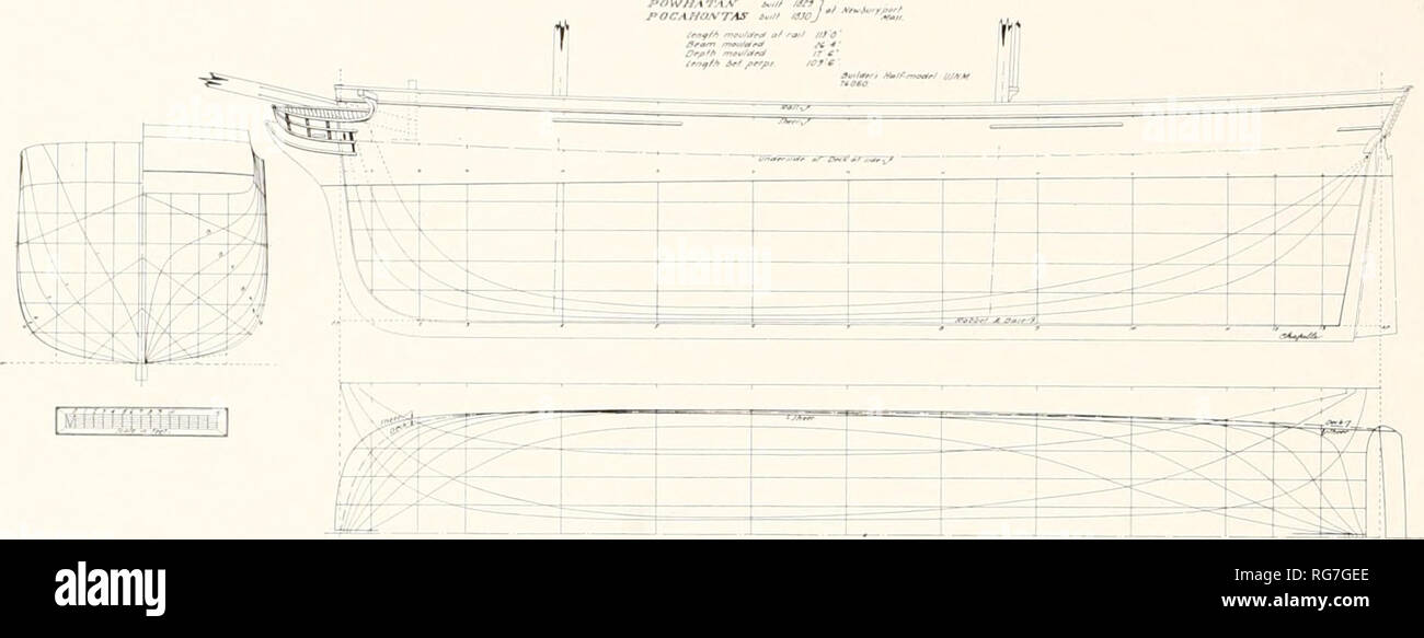 . Bulletin - United States National Museum. Science. J'OCAMOJVTAS .. Lines of the New England Merchant Brigs Powhatan and Pocahontas, built at Nevvburyport, Massachusetts, 1829-30. An example of a model of burdensome freighting vessels favored in New England before the days of the clipper ships. Taken off the builder's half-model USNM 76060. feet 6 inches moulded beam, and 10 feet moulded depth. Scale is ]i inch to the foot. Given by John N. Gushing, Newburyport, Massa- chusetts. MERCHANT BRIGANTINE, 1825 Builder's Half-Model, usnm 76070 Thomas Harwood built a merchant brigantine, name unknown Stock Photo