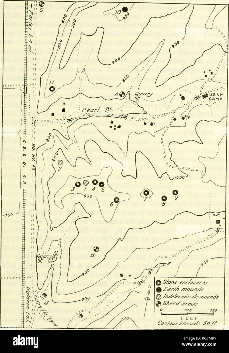 . Bulletin - United States National Museum. Science. ARCHEOLCKJICAL INVESTIGATION'S IN MIS&amp;OURI 107. Figure 12.—Contour map showing location of Pearl Branch mounds, near Waldron Mo.: Nos. 1-5, Pearl A-E; 6-9, Nolan A-D; 10-11, Babcock A and B. A, B, C, sherd areas (see p. 129). Solid rectangles indicate modern buildings.. Please note that these images are extracted from scanned page images that may have been digitally enhanced for readability - coloration and appearance of these illustrations may not perfectly resemble the original work.. United States National Museum; Smithsonian Institut Stock Photo