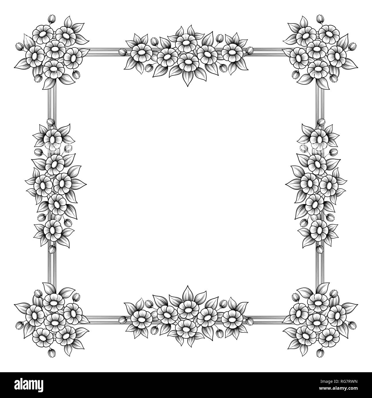Black outline daisy flowers square frame isolated on white background Stock Vector